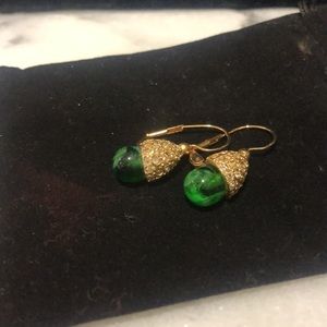 Emerald Green Round Bead with Pavé Crystal Cap Euro Wire Earrings-Boutique